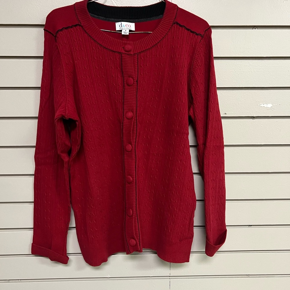 Denim&Co. Women’s Red / Blk Trim Button Doen Cardigan. Size M. Like New!